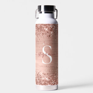 Botella De Agua Monograma Rosa Faux-Purpurina Girly Glam