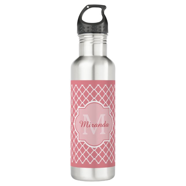 Botella De Agua Monograma rosado elegante de Quatrefoil con nombre (Anverso)