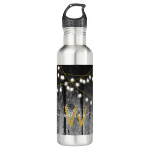 Botella De Agua Monograma Rústico Barn Black Wood Gold String Luce