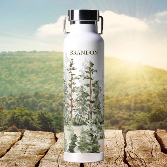 Botella De Agua Monograma Rústico Bosque Verde Acuarela (Subido por el creador)
