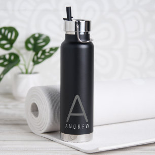 Botella De Agua Monograma sencillo moderno personalizado de gris n