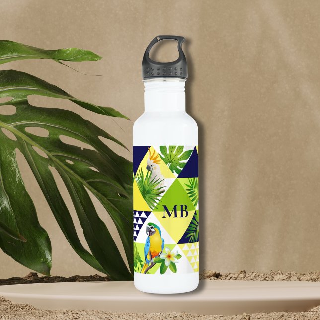 Botella De Agua Monograma Trendy Tropical Cockatoo Parrot Floral (Subido por el creador)