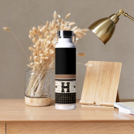 Botella De Agua Monograma vintage de bistró Tile negro y oro