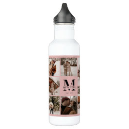 Botella De Agua Monograma y Collage de fotos personalizados rosado