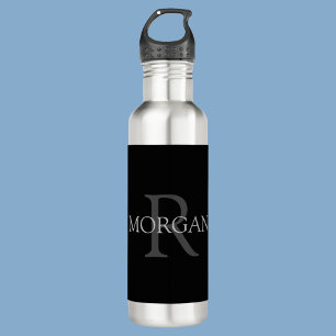 Botella De Agua Monograma y nombre DIY, negro clásico, gris texto
