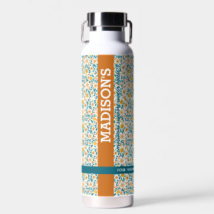 Botella De Agua Monograma y nombre floral personalizado