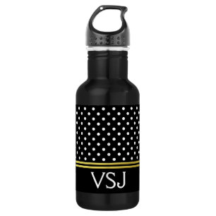 Botella De Agua Monograma y puntos de polka blanco negro de oro tr
