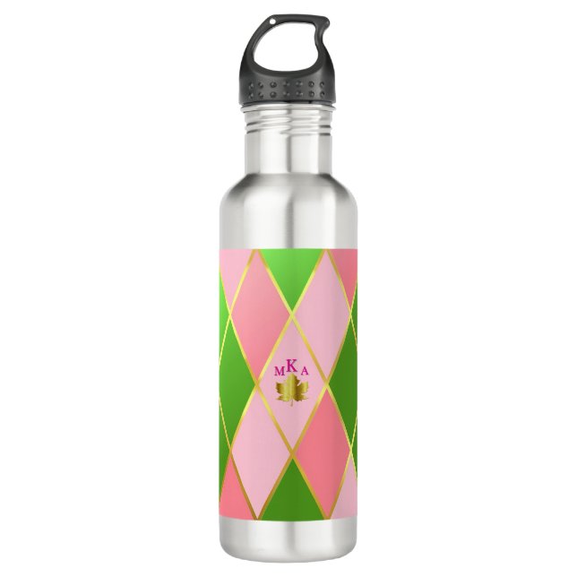 Botella De Agua Monogramado de arglos rosados y verdes de moda (Anverso)