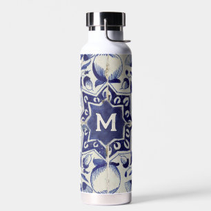 Botella De Agua Monogramado de mosaico blanco azul geométrico vint