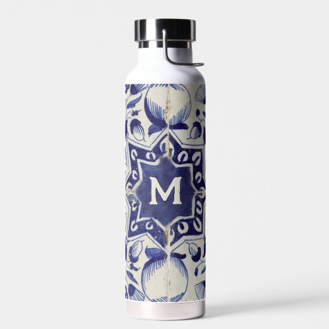 Botella De Agua Monogramado de mosaico blanco azul geométrico vint (Izquierdo)
