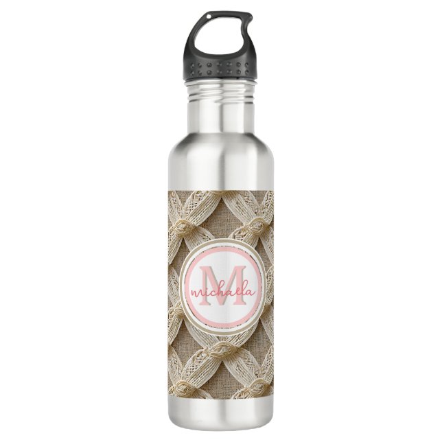 Botella De Agua Monogramado rosa y blanco personalizado Personaliz (Anverso)