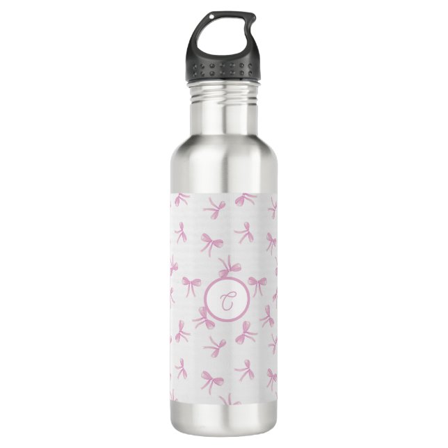 Botella De Agua Monogrammed Frilly Coquette Pink watercolor Bow  (Anverso)