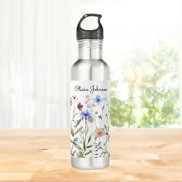 Botella De Agua Monogramo Acuarela Colorida pradera de flores silv