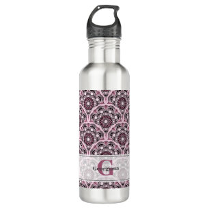 Botella De Agua Monogramo Deco Dusky Rosa cerezo Blossom Mandala