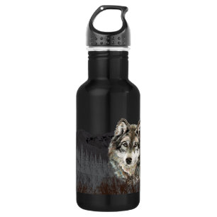 Botella De Agua Montaña con acuarela Lobo Salvaje animal