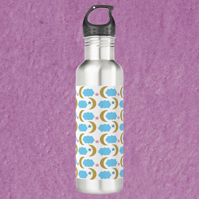 Botella De Agua Moon Cloud Stars Faux Gold Patrón Purpurina (A water bottle with a pattern of gold moons, blue clouds and pink stars!)