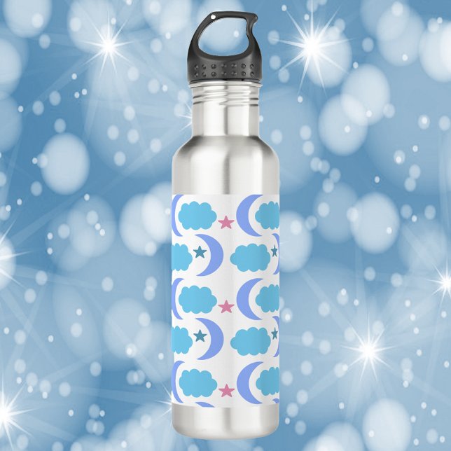 Botella De Agua Moon Stars Nubes Patrón azul púrpura (A water bottle with a pattern of moon, stars and clouds in purple, blue and pink!)