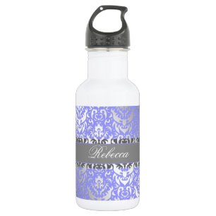 Botella De Agua Morado Faux Shimmer Silver Damask con tu nombre