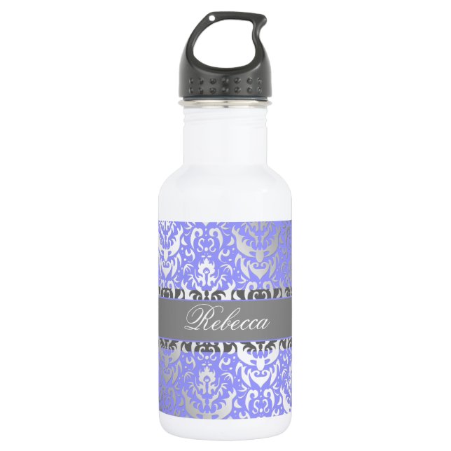 Botella De Agua Morado Faux Shimmer Silver Damask con tu nombre (Anverso)