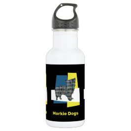 Botella De Agua Morkie Dog Silhouette Yellow & Blue Grid