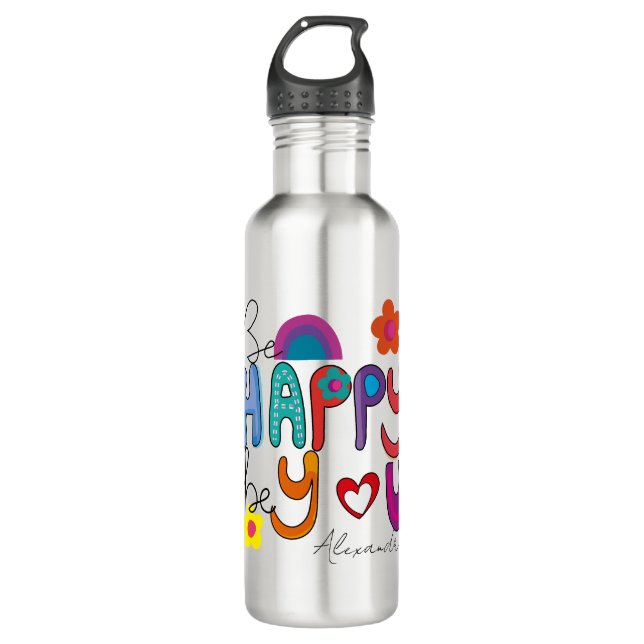 Botella De Agua Motivación Cuidada Sé Feliz Sea Personalizado (Anverso)