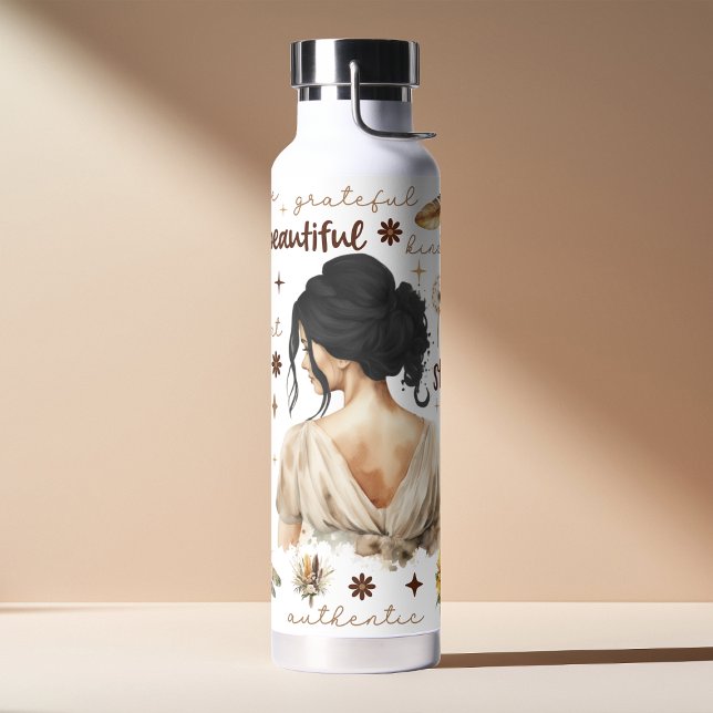 Botella De Agua Mujer acuarela con afirmación de peinado negro (Subido por el creador)