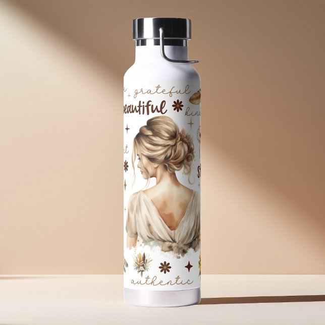 Botella De Agua Mujer acuarela con afirmación de peinado rubio (Subido por el creador)