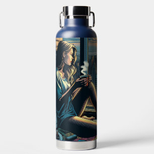 Botella De Agua Mujer bebiendo café al amanecer en la ciudad