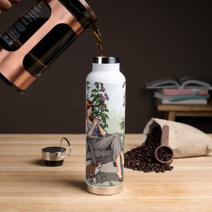 Botella De Agua Mujer bonito bebiendo café, su perro y sus plantas
