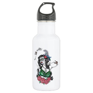 Botella De Agua Mujer con cráneo de azúcar con Rosas