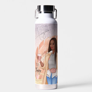 Botella De Agua Mujer Fashionista Rosa Dorado Pelo Marrón