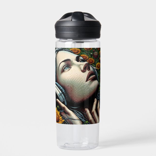 Botella De Agua Mujer hermosa con audífonos en girasoles (Delante)