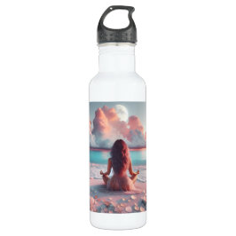 Botella De Agua Mujer hermosa meditando en Beach Blank