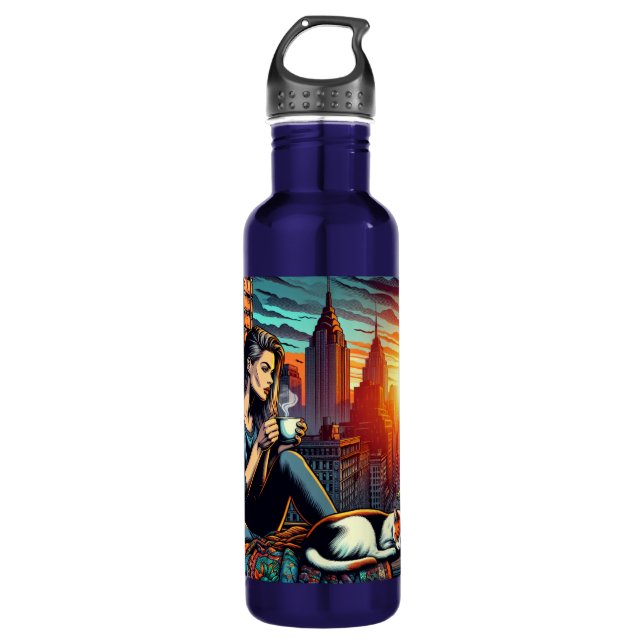 Botella De Agua Mujer leyendo en la ventana de la ciudad con gato  (Anverso)