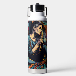 Botella De Agua Mujer leyendo en la ventana de la ciudad con gato