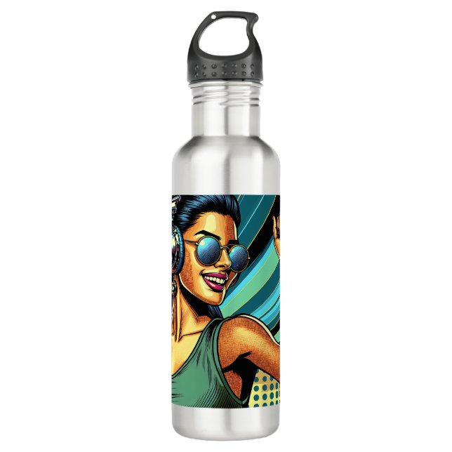 Botella De Agua Mujer pop artística en baile de audífonos (Anverso)
