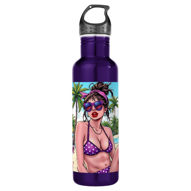 Botella De Agua Mujeres en Bikini Morado y Bandanna en la playa (Anverso)