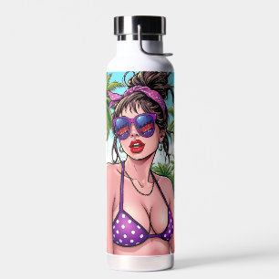 Botella De Agua Mujeres en Bikini Morado y Bandanna en la playa