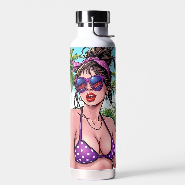 Botella De Agua Mujeres en Bikini Morado y Bandanna en la playa (Izquierdo)