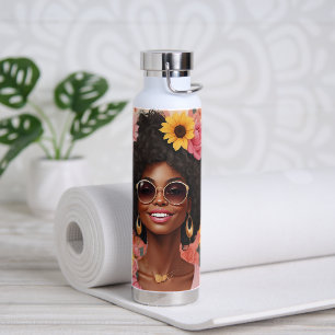 Botella De Agua Mujeres negras rosas y girasoles cursi afro sista