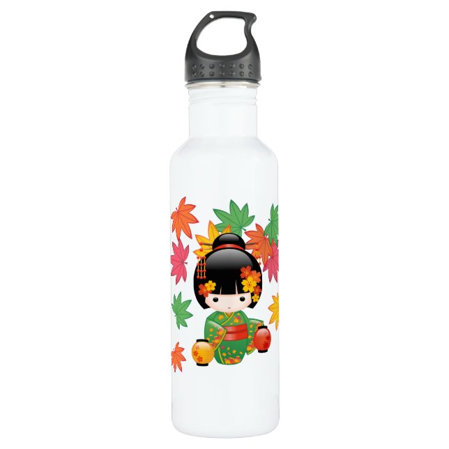 Botella De Agua Muñeca Kokeshi Caída - Chica de Kimono Verde Geish (Anverso)