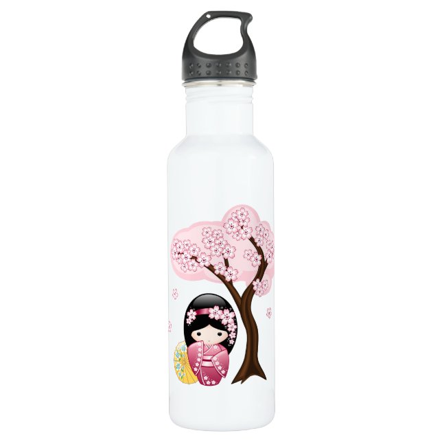 Botella De Agua Muñeca Kokeshi de primavera - Chica Geisha japonés (Anverso)