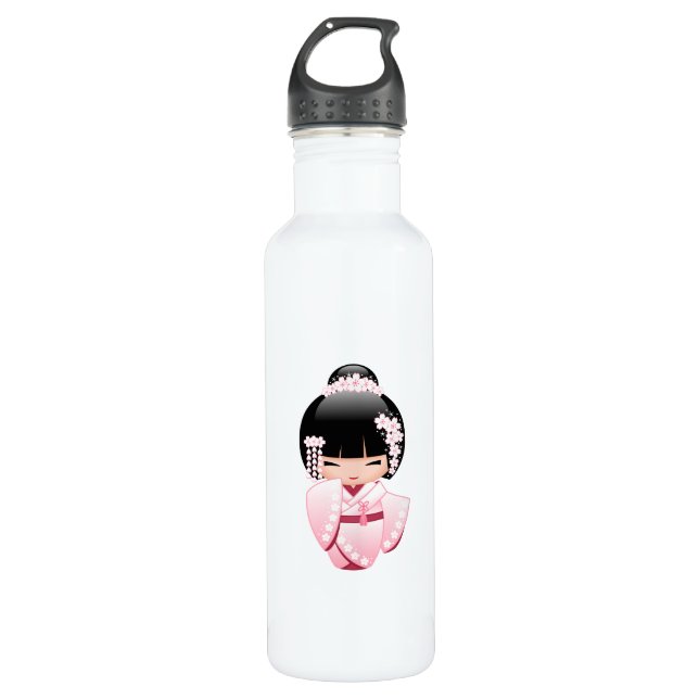 Botella De Agua Muñeca Kokeshi kimono blanca - Chica Geisha lindo (Anverso)