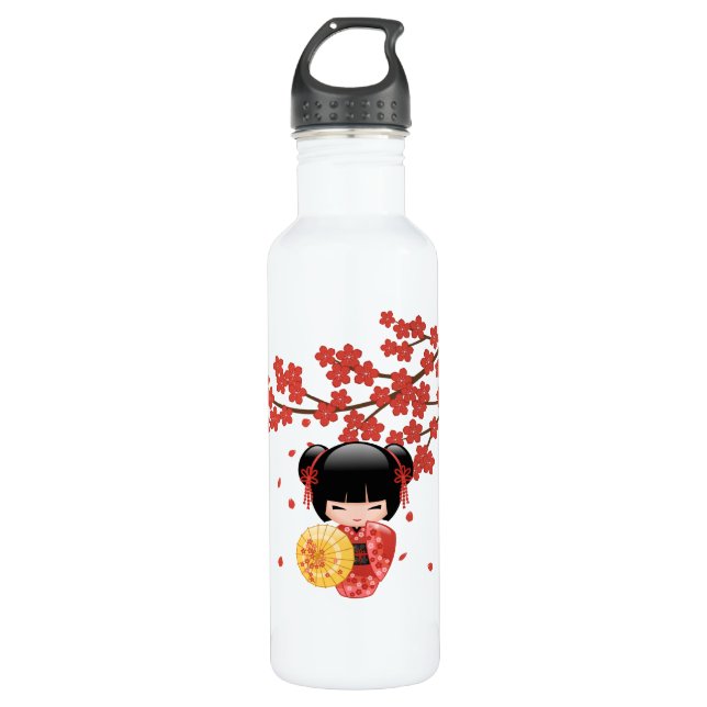 Botella De Agua Muñeca Sakura Kokeshi roja - Geisha japonesa banal (Anverso)