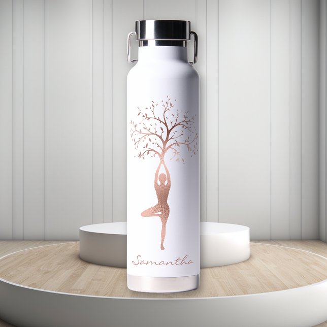 Botella De Agua Namaste de la posa de árbol de oro Rosa personaliz (Subido por el creador)