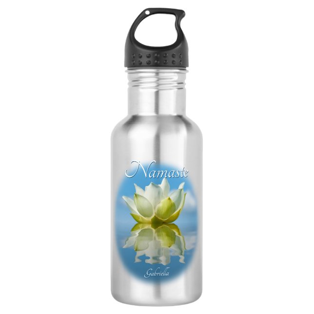 Botella De Agua Namaste que refleja flores de Lotus y nombre yoga  (Anverso)