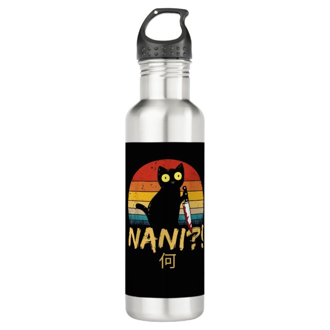 Botella De Agua ¡Nani! What_ Vintage Black Cat Omae Wa Meme Kitten (Anverso)