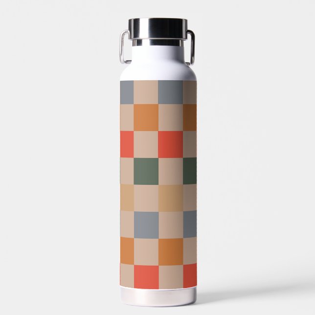Botella De Agua Naranja azul beige Brown Checkered Gingham Pattern (Delantero)