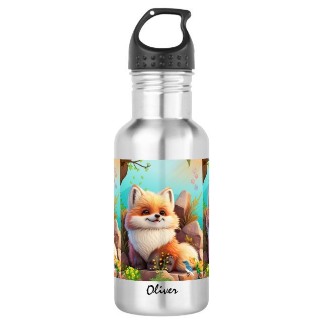 Botella De Agua Naranja Cute Fox Woodlands Floral Personalizado (Anverso)