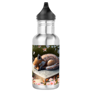 Botella De Agua Naranja lindo Fox durmiendo en el libro personaliz
